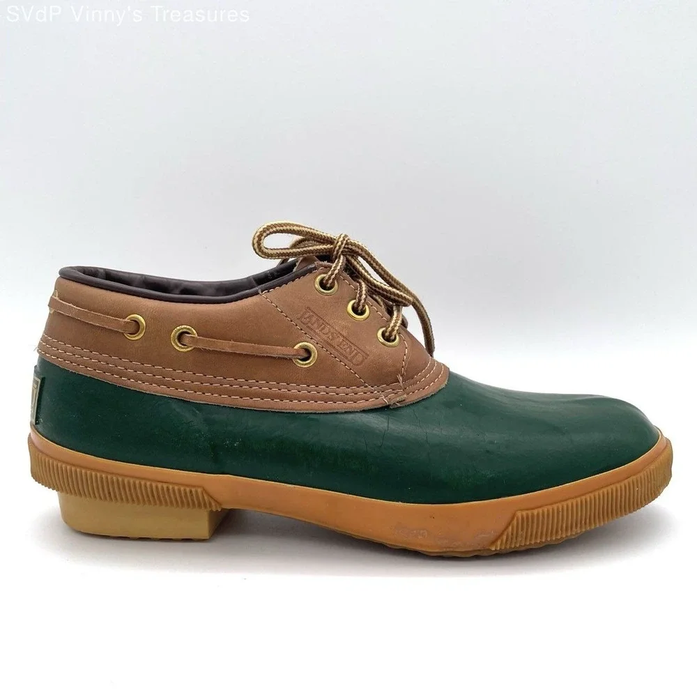 VTG Lands' End Insulated Duck Shoes Sz 8 Green Brown Rubber Leather Sherpa Lined